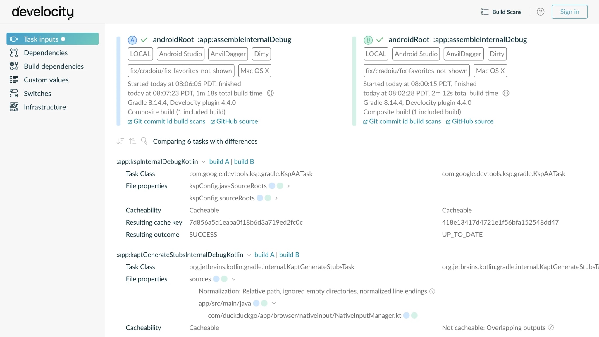 A Build Scan comparison of two Android builds, highlighting the single changed input that caused a cache miss.