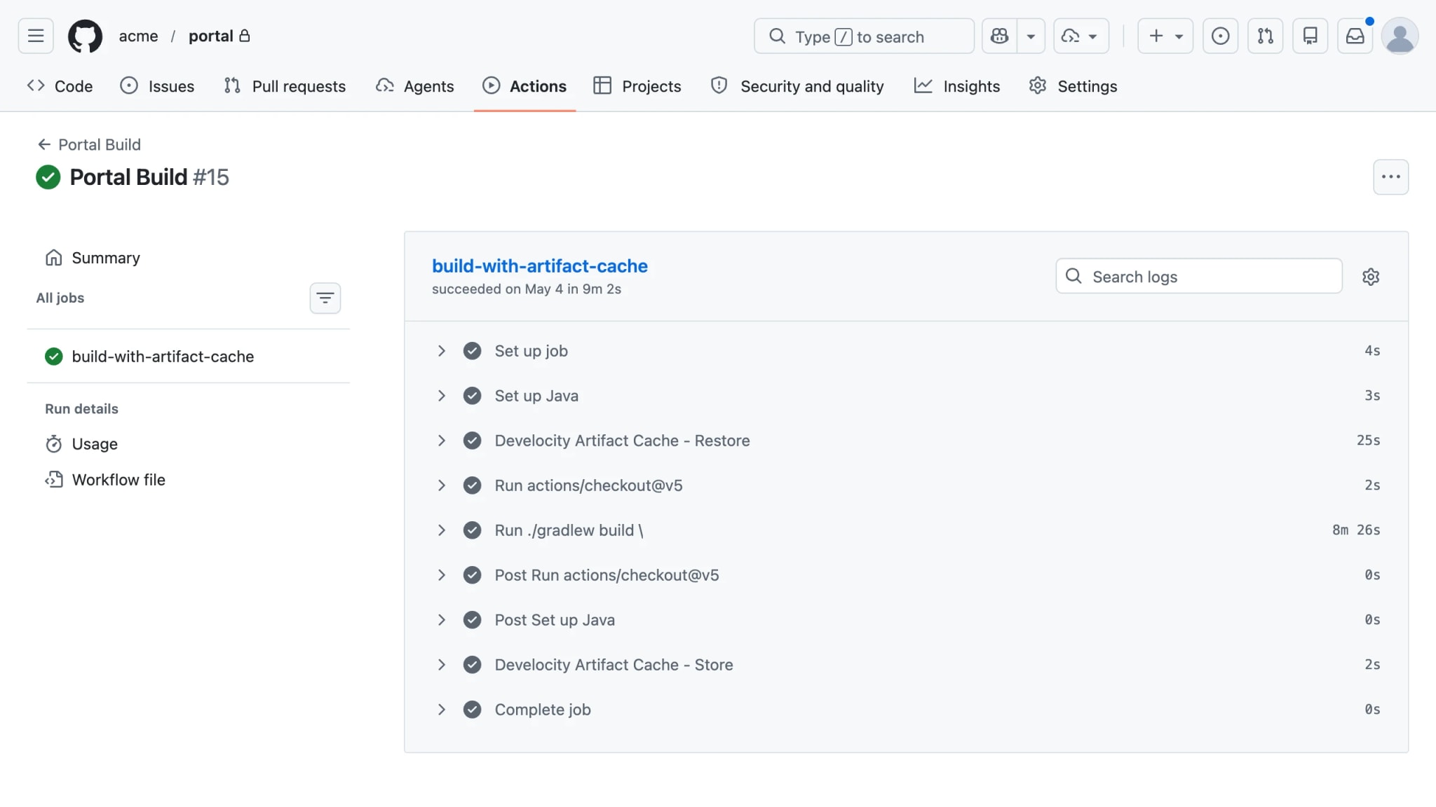GitHub Actions job log showing Develocity Artifact Cache Restore and Store steps wrapping an unmodified Gradle build.