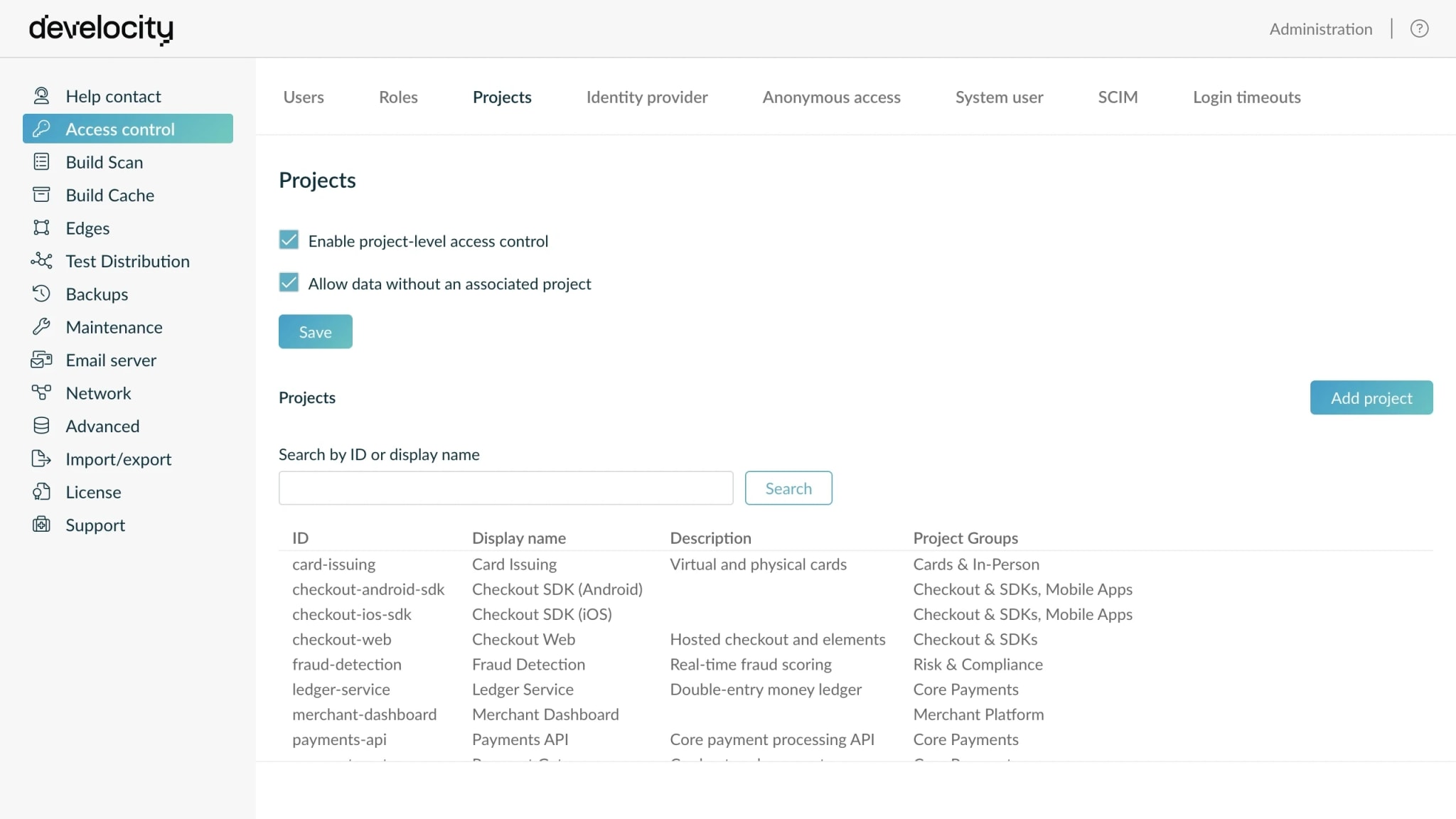 Develocity access control showing project-level access control enabled with projects and project groups.
