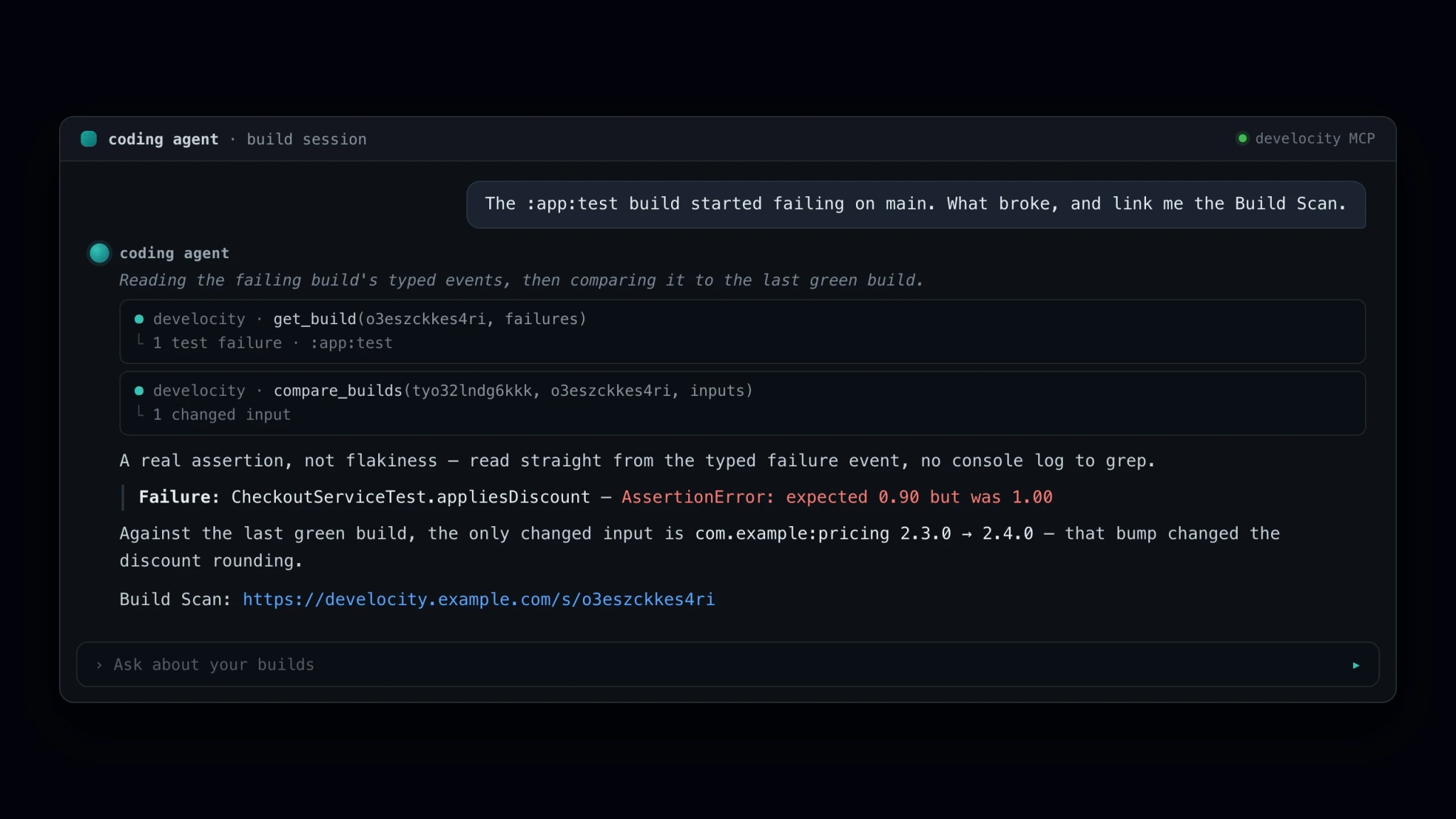 An AI agent reading Build Scan data through the Develocity MCP server.