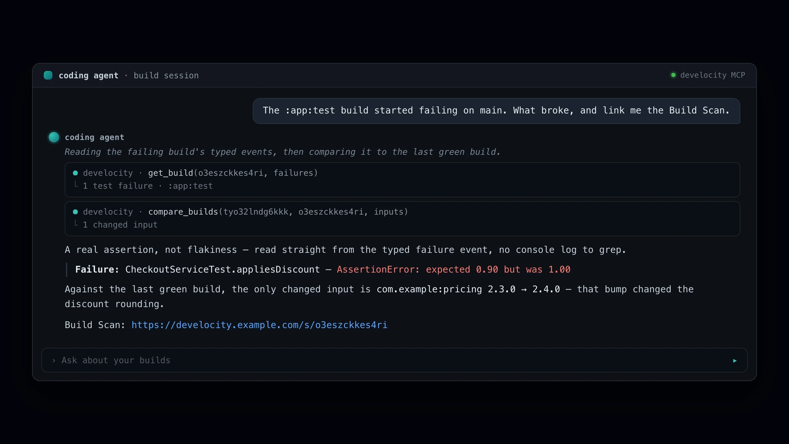 An AI agent reading Build Scan data through the Develocity MCP server.