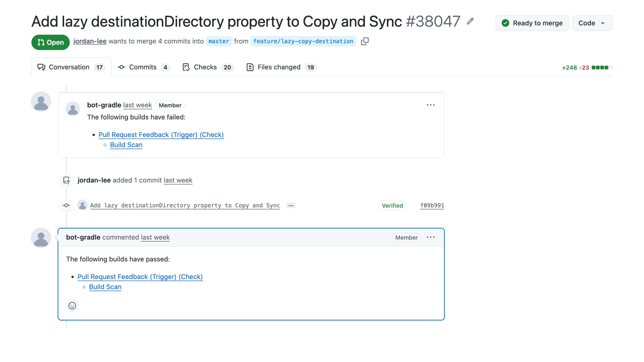 A pull-request thread where build-status comments link to their Build Scans — failed builds, a fix commit, then passing builds, each linking a Build Scan.