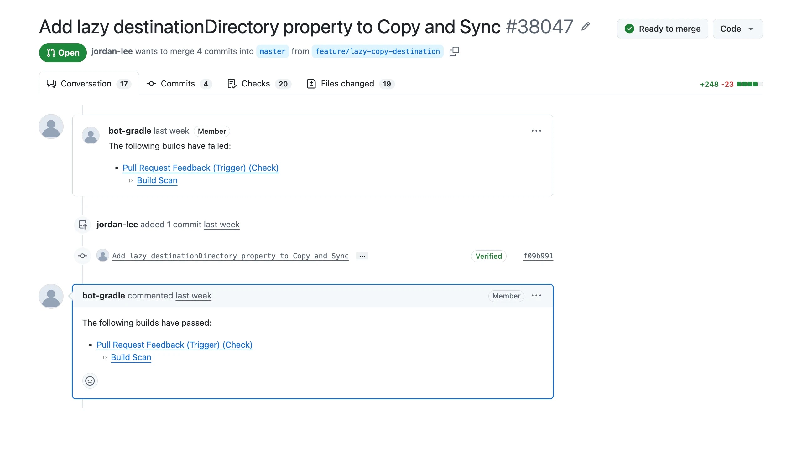 A pull-request thread where build-status comments link to their Build Scans — failed builds, a fix commit, then passing builds, each linking a Build Scan.