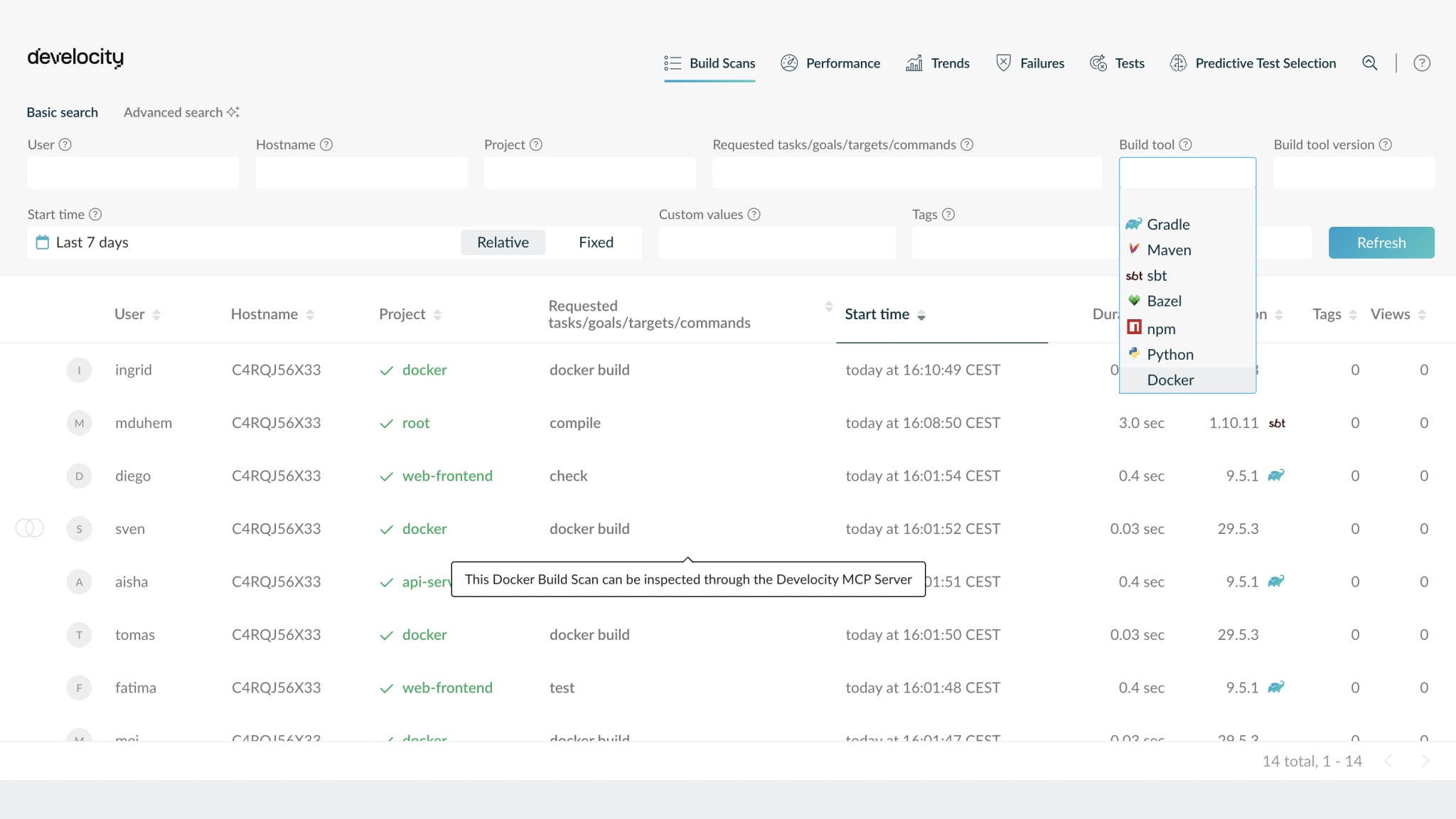 Develocity Build Scan list filtered by build tool, showing docker build invocations as Build Scans alongside Gradle, Maven, sbt, npm, Python, and Bazel builds.