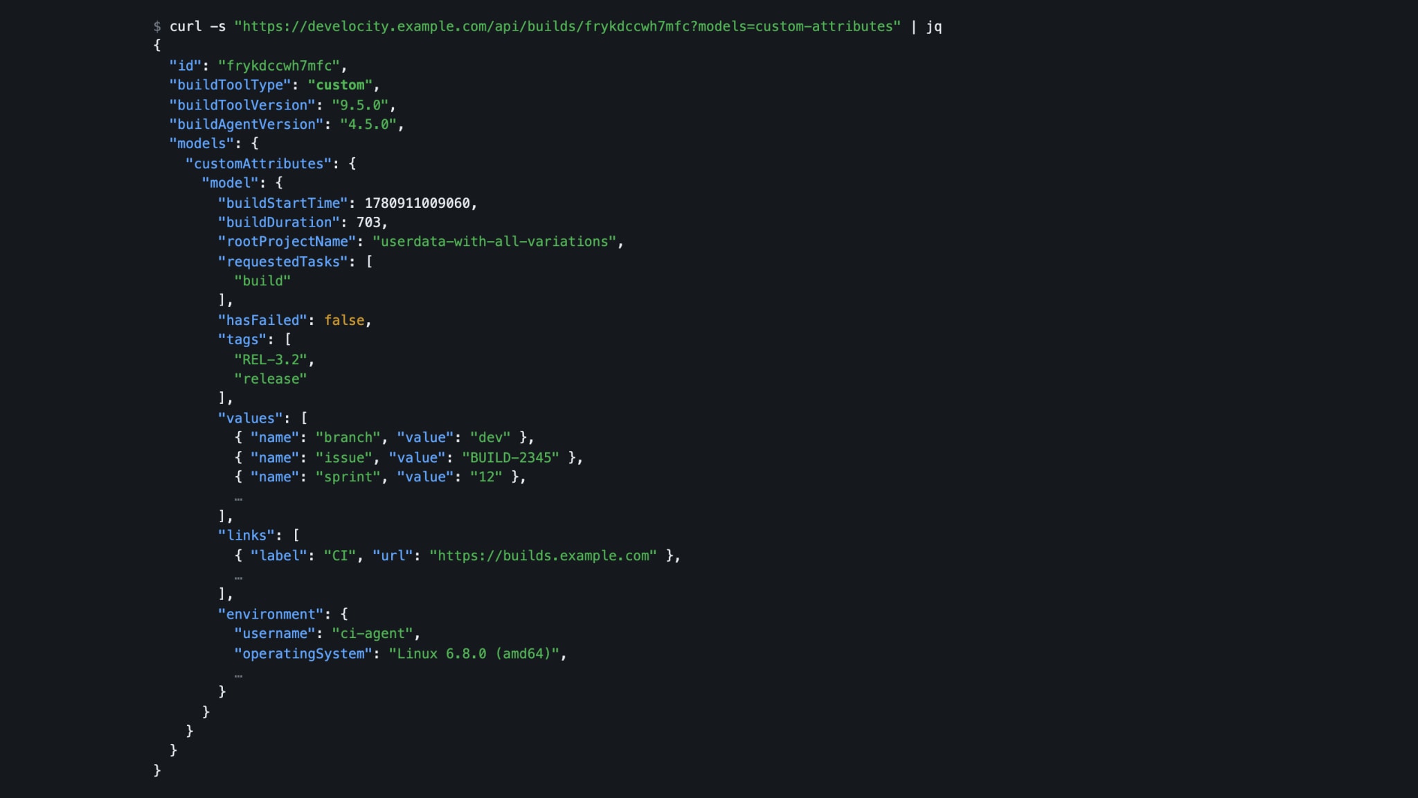 A terminal querying the Develocity API for a build whose buildToolType is "custom", returning the same structured build record as a natively instrumented tool.