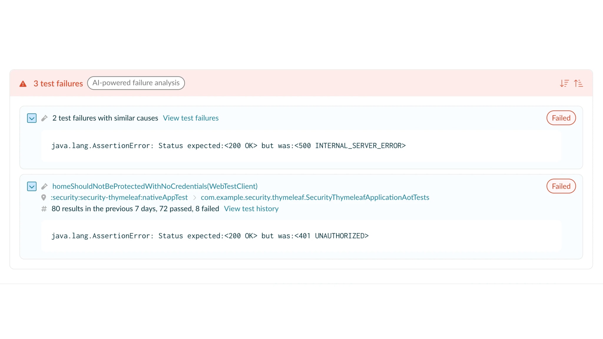 Build Scan showing Failure Analytics grouped failure summary with failure group membership, cross-build frequency count, and affected users.