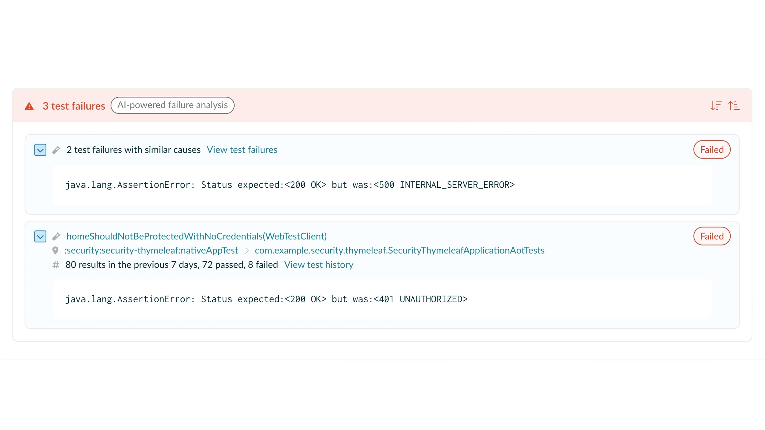 Build Scan showing Failure Analytics grouped failure summary with failure group membership, cross-build frequency count, and affected users.