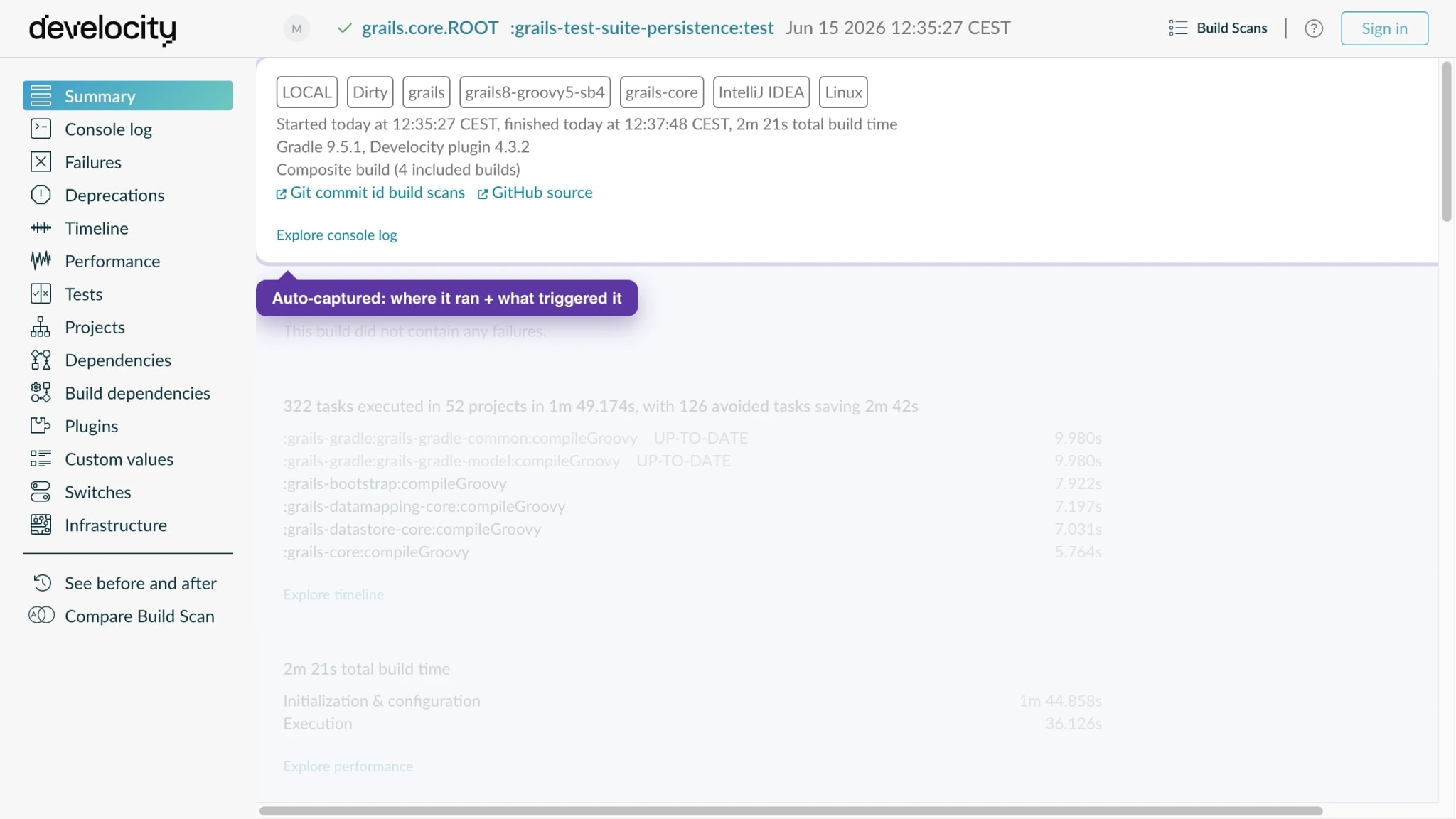 Build Scan showing CI, git, IDE, AI-agent origin, and an organization-specific custom value on a single build.