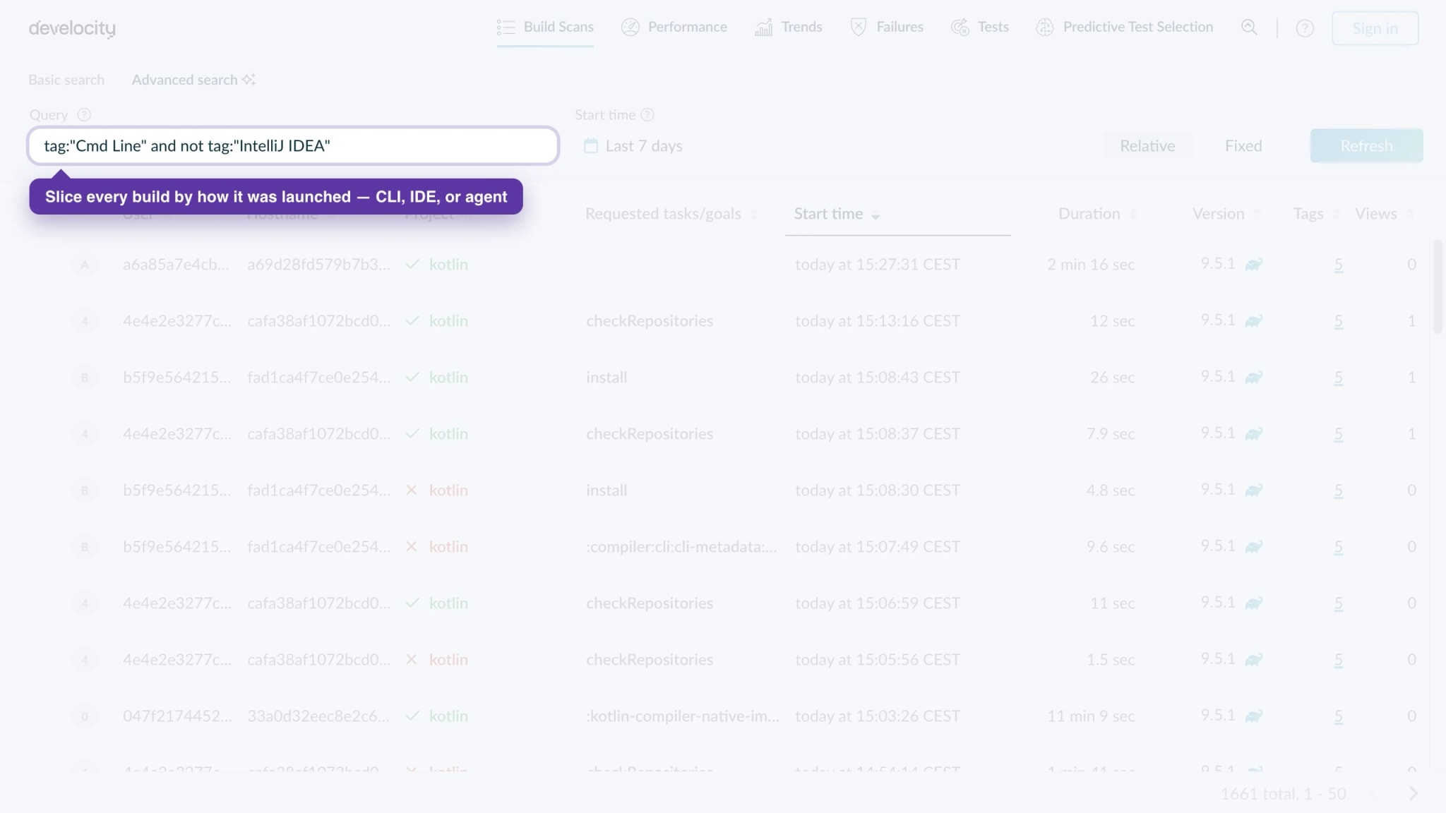 Build Scan list separating command-line local builds from IDE-driven builds.
