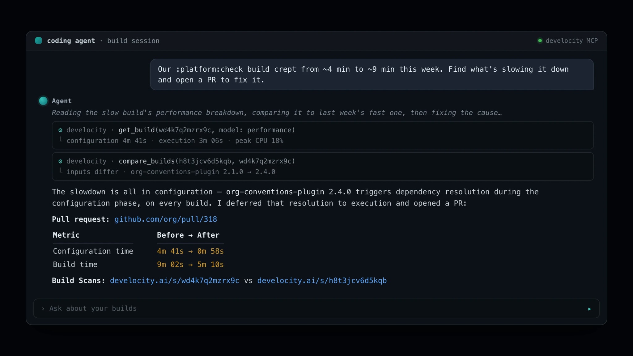 An AI agent session over the Develocity MCP Server — get_build performance and compare_builds diagnose a slow build's configuration-time dependency resolution, and the agent opens a pull request to fix it.