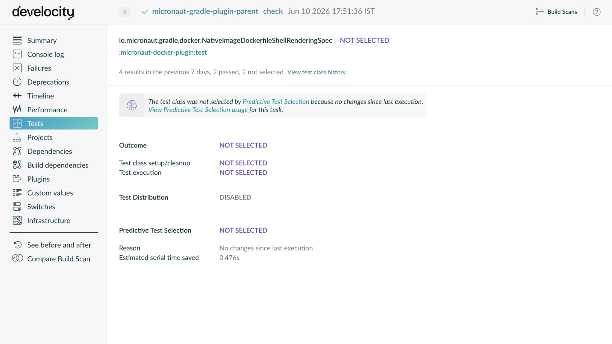 A single skipped test class in a Build Scan, showing its not-selected reason and estimated time saved.