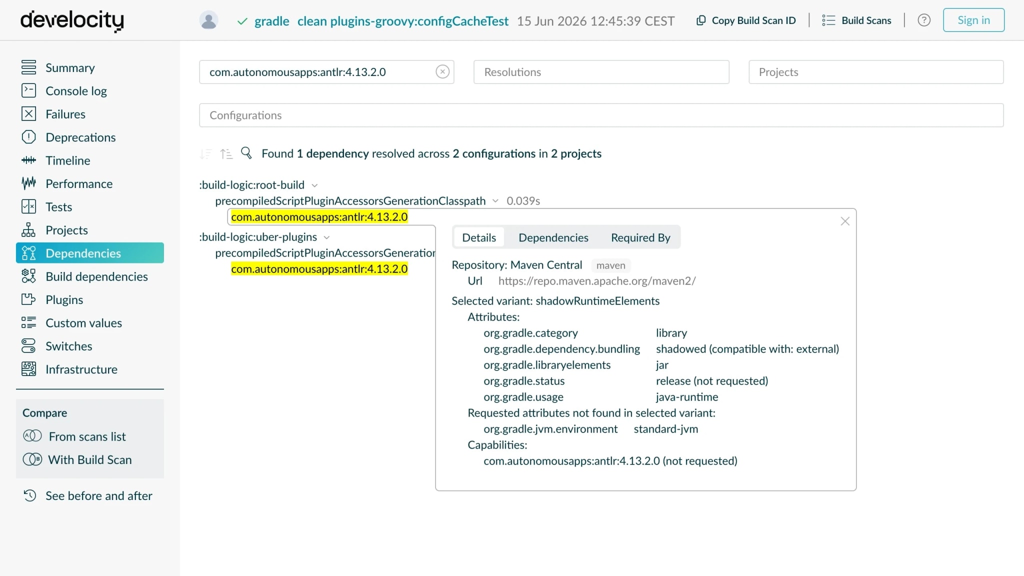 Build Scan Dependencies view with com.autonomousapps:antlr:4.13.2.0 selected, showing the dependency was downloaded directly from Maven Central instead of through the organization's Artifactory or Nexus proxy.