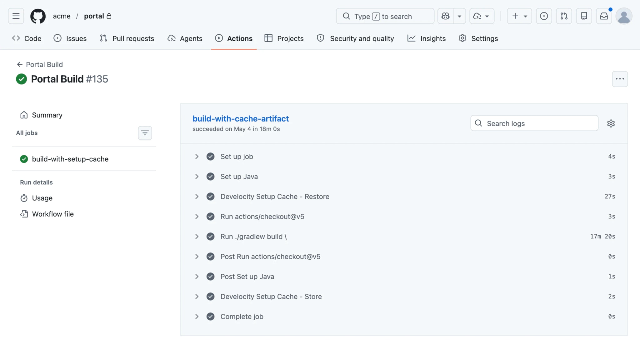 GitHub Actions job log showing Develocity Setup Cache Restore and Store steps wrapping an unmodified Gradle build.