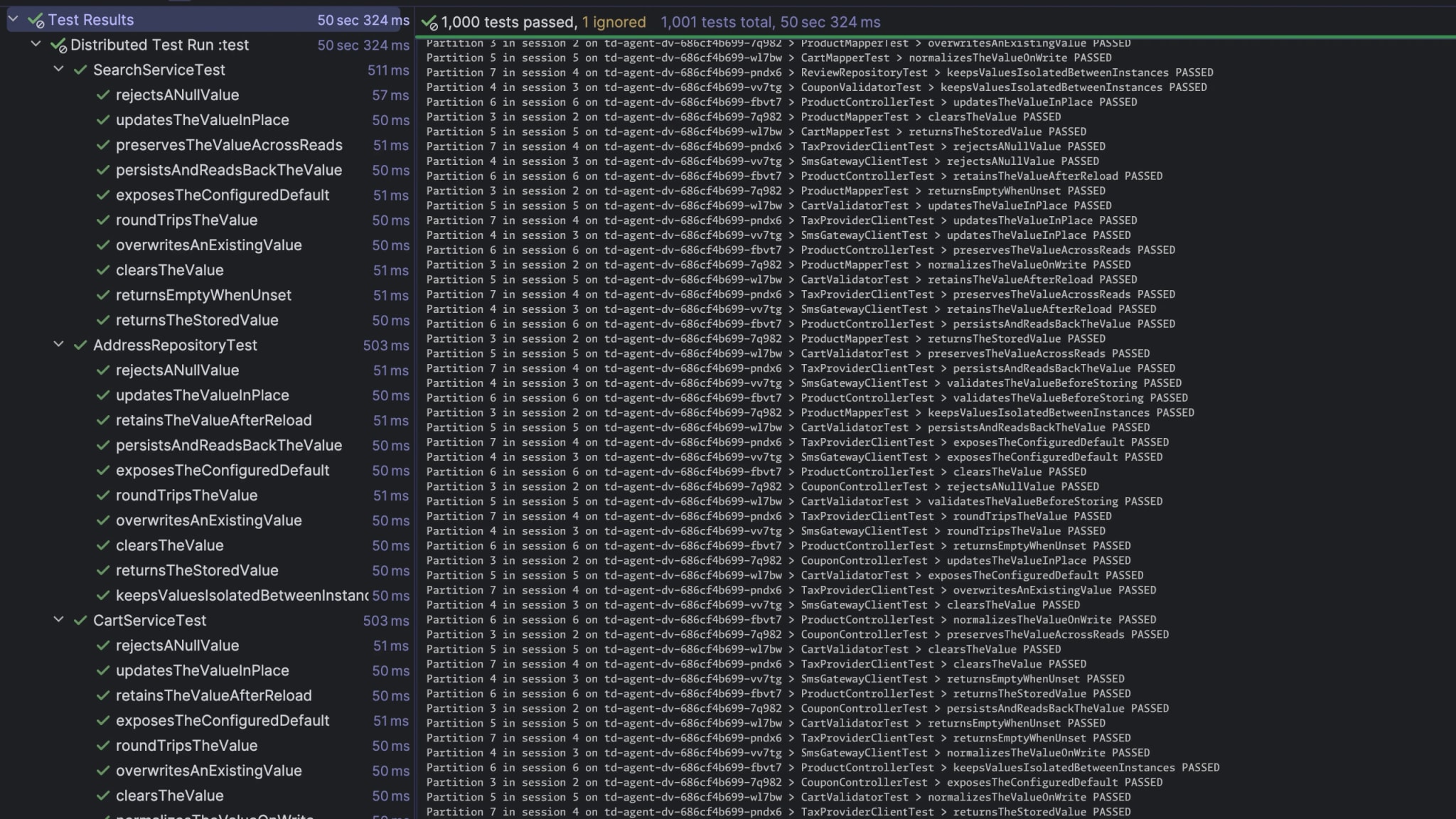 IntelliJ test results for a local test run distributed across remote agents — passing test classes in the tree, and a live log of test partitions running on multiple remote agents.
