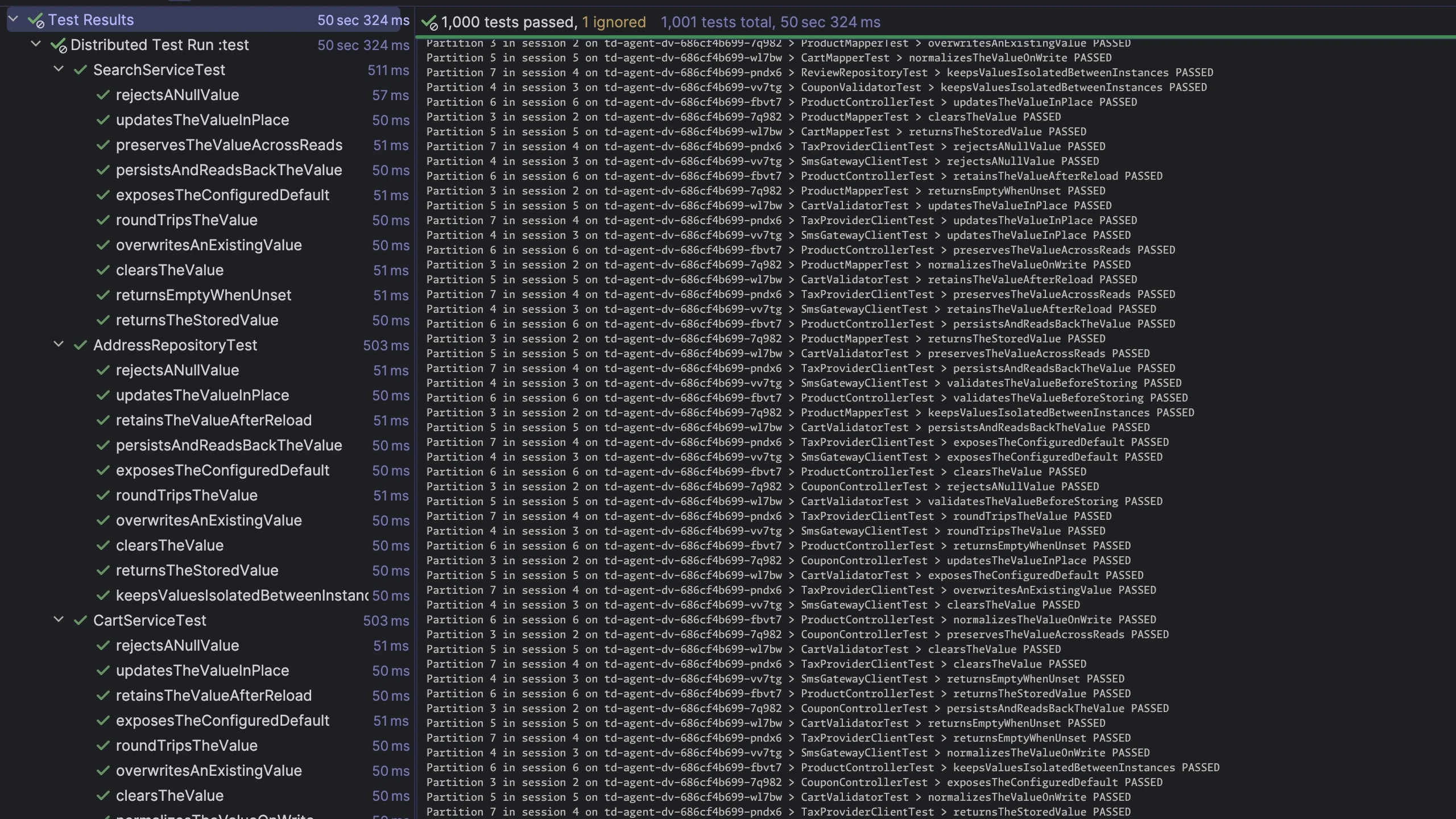 IntelliJ test results for a local test run distributed across remote agents — passing test classes in the tree, and a live log of test partitions running on multiple remote agents.