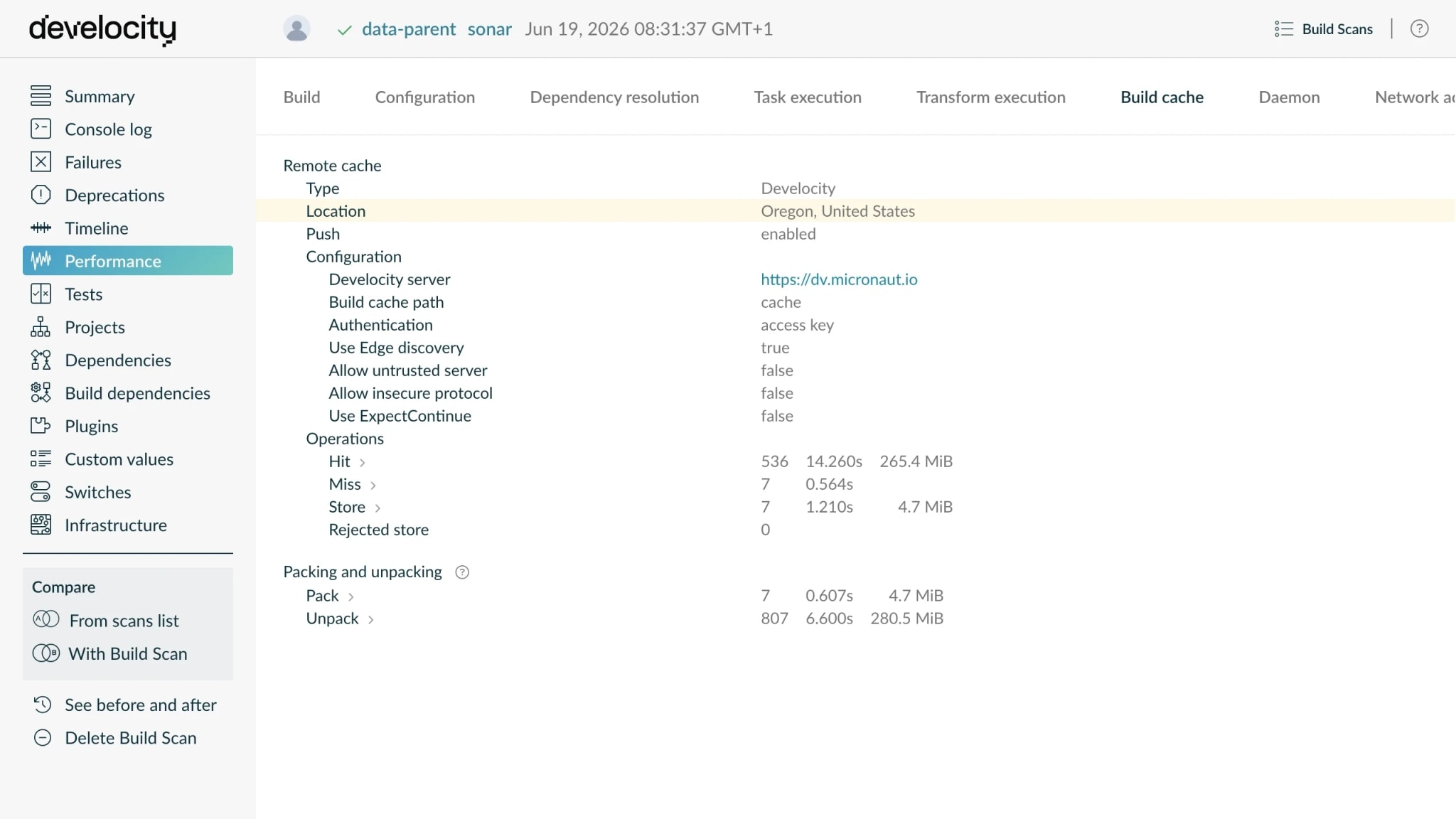 Build Scan remote-cache view showing a Develocity cache with Edge discovery enabled and located in Oregon, recording 536 cache hits serving 265 MiB against 7 misses for the build.