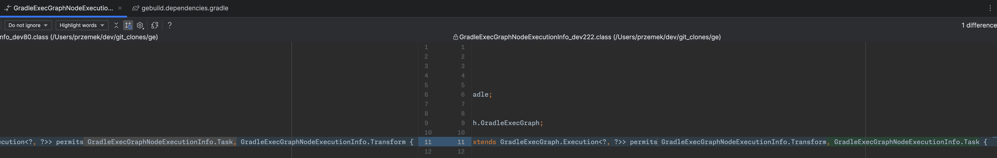 Decompiler diff of the two class files, showing the permits clause listing its two subtypes in opposite order