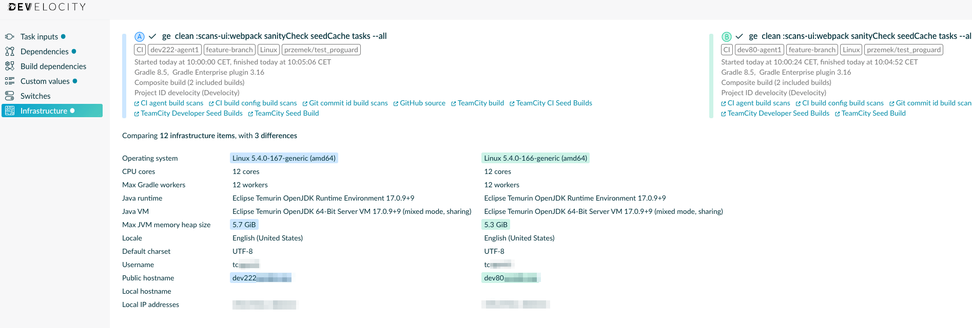 Develocity infrastructure comparison showing 3 of 12 items differing: kernel patch, heap size, hostname. JDK build identical.