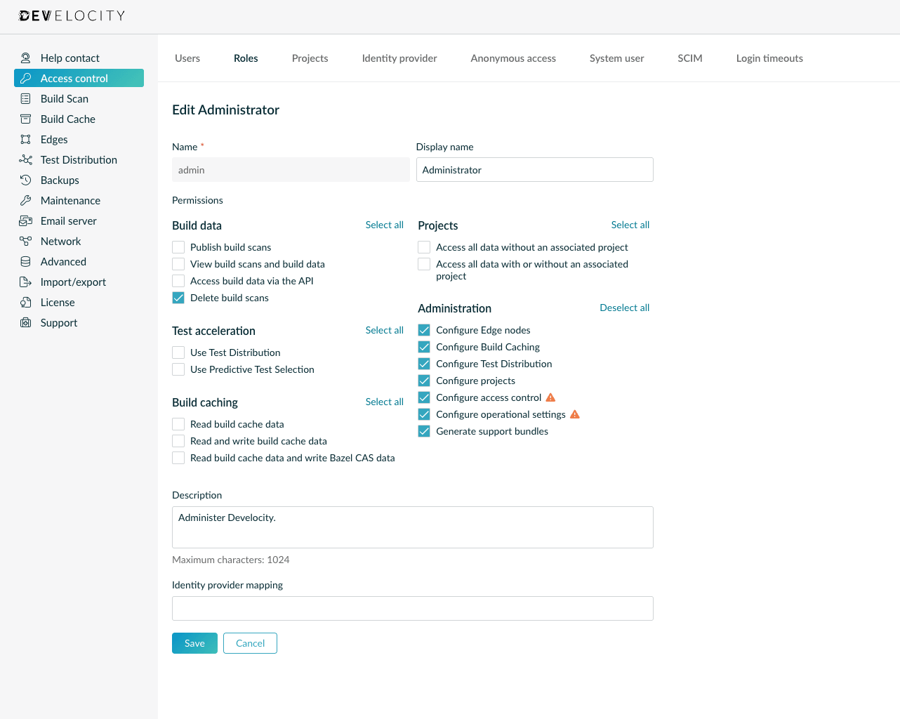 New Develocity administrative permissions