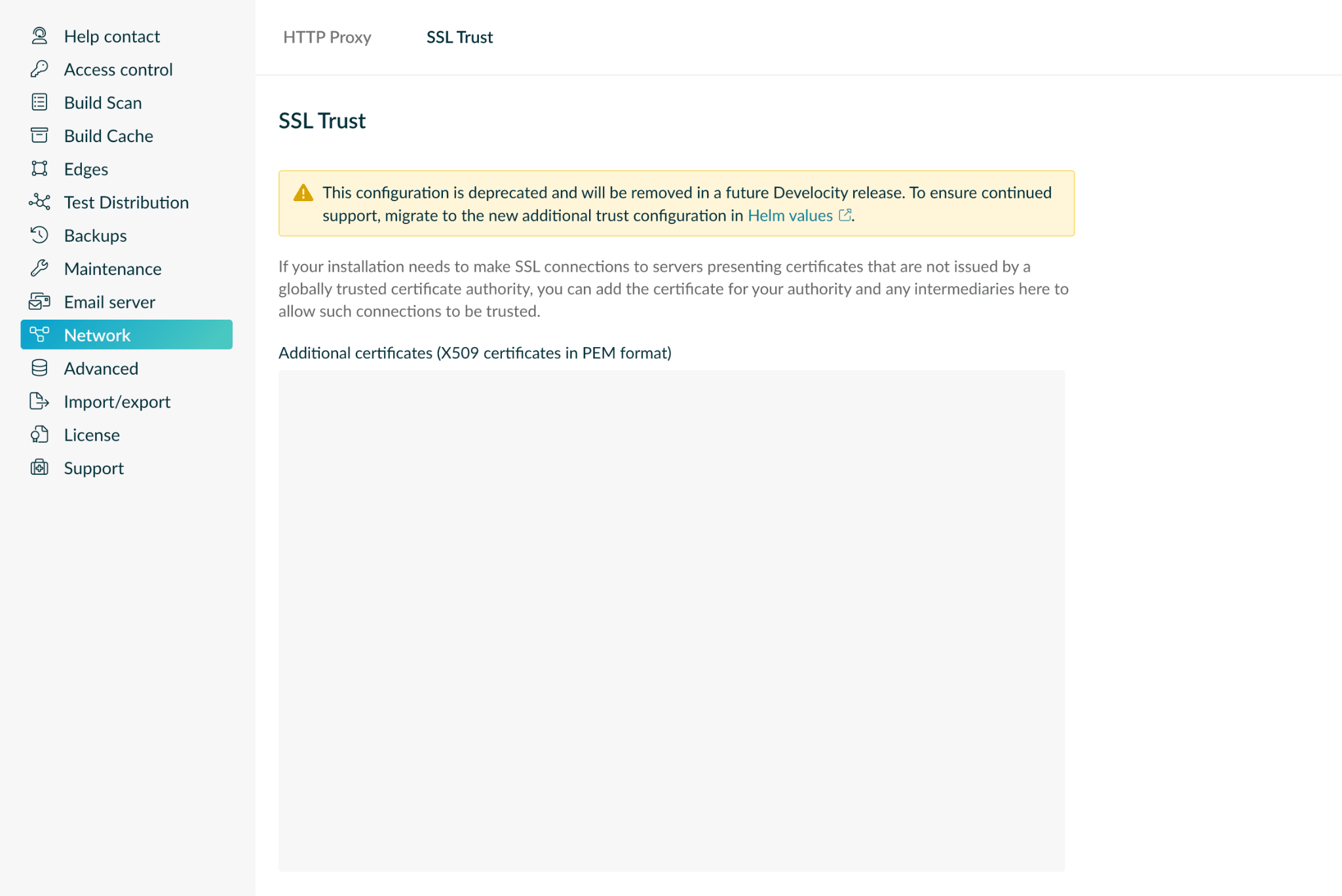 SSL Trust page indicating that the configuration is managed by Helm
