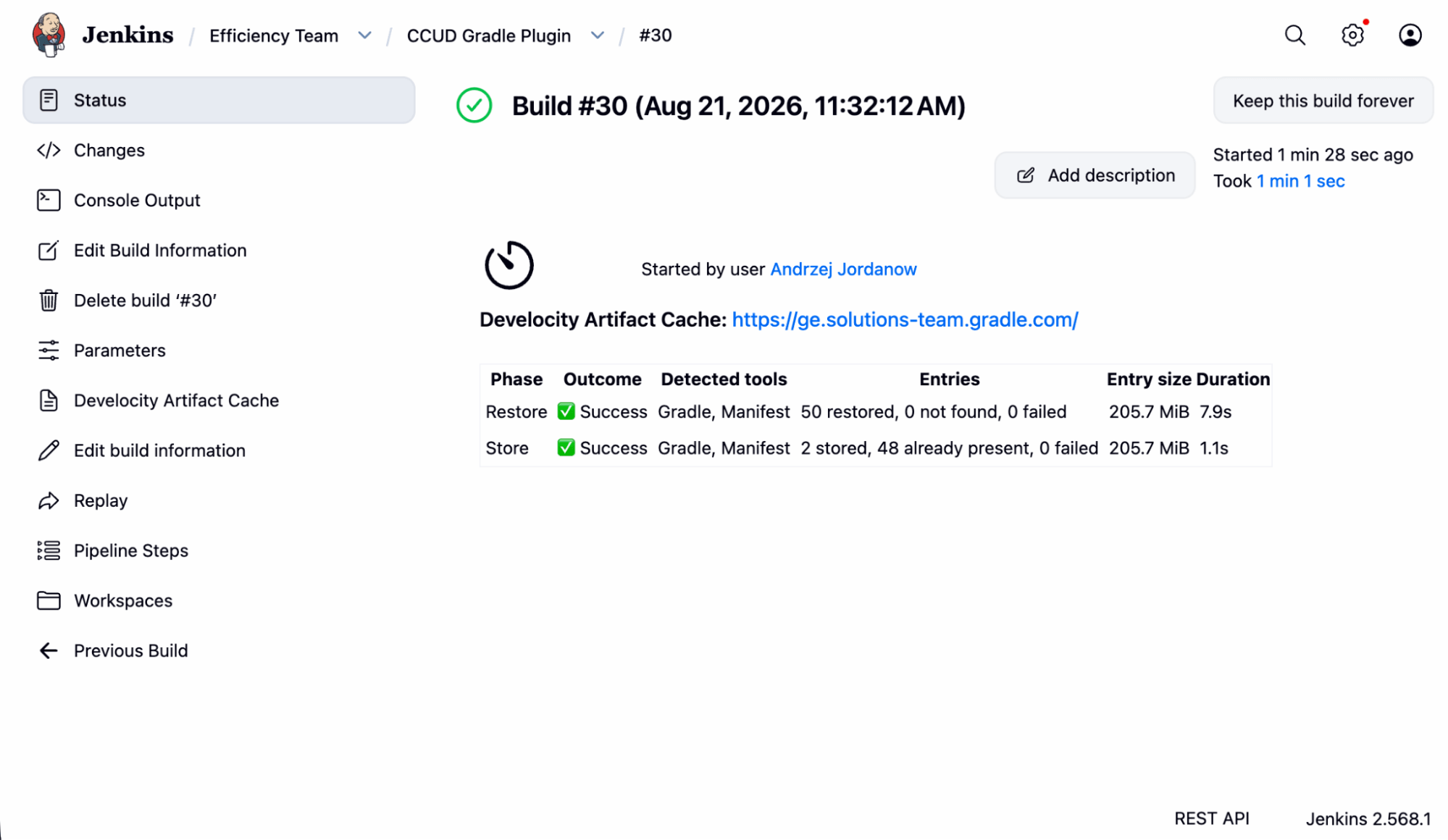 A report detailing the Artifact Cache restore and store outcomes, cache entries, and time overhead directly within a Jenkins build summary.