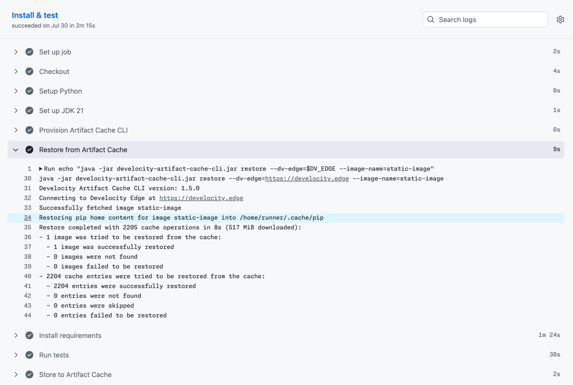 GitHub Action logs demonstrating Artifact Cache CLI accelerating a Python build by restoring pip cache contents from a Develocity Edge location instead of downloading them over the network.