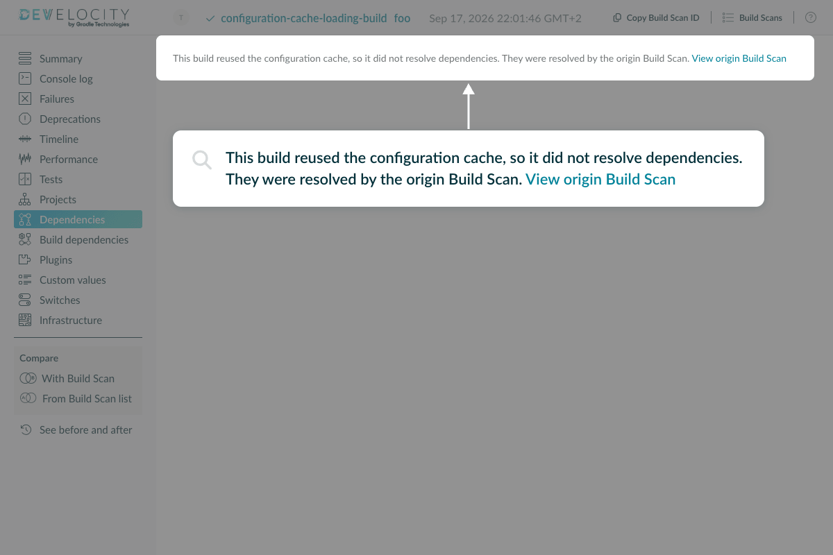 Build scan Dependencies show a message with a link to the origin Build Scan