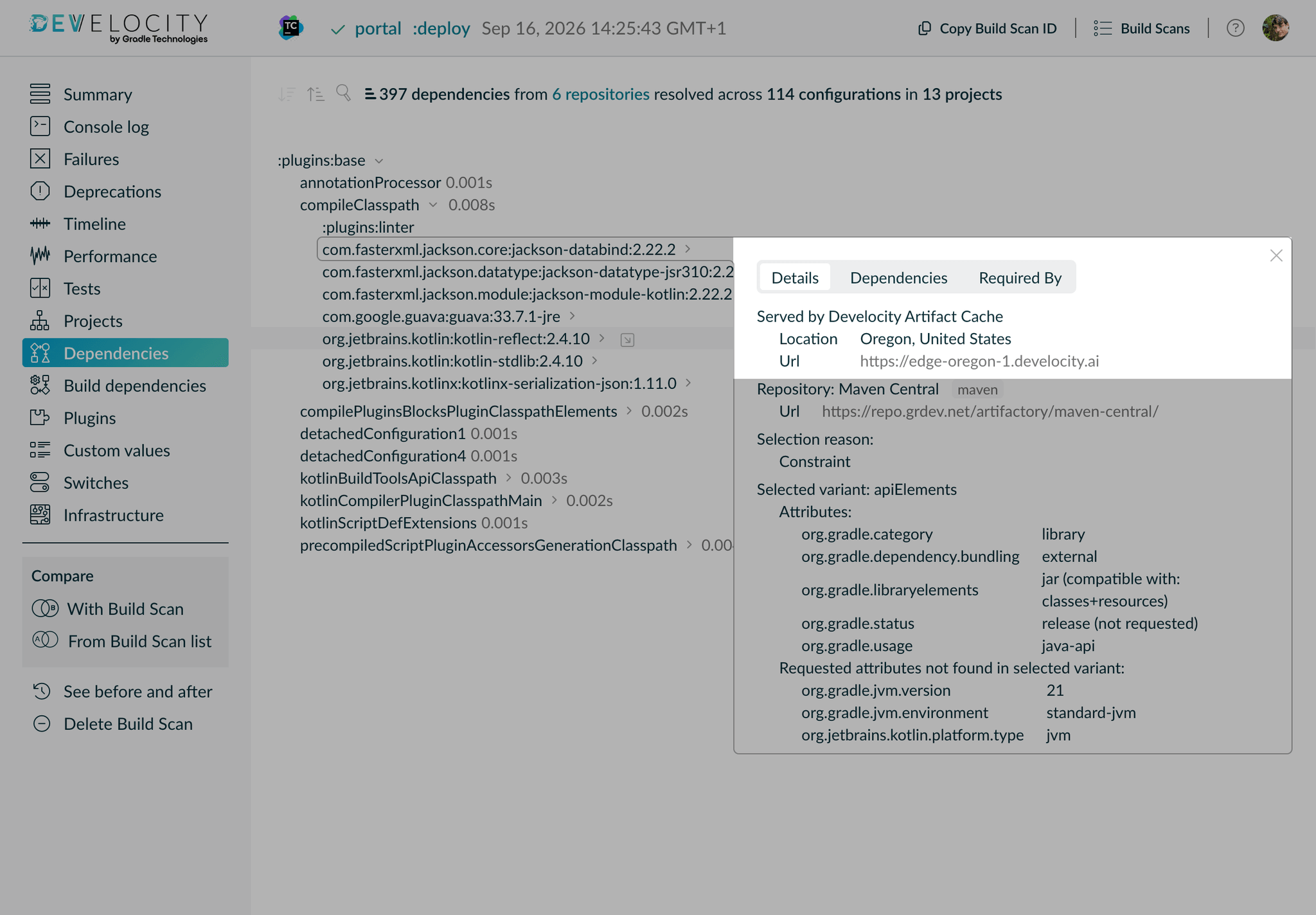 The Dependencies view in a Develocity Build Scan detailing the specific Artifact Cache Edge location and URL that served a dependency.
