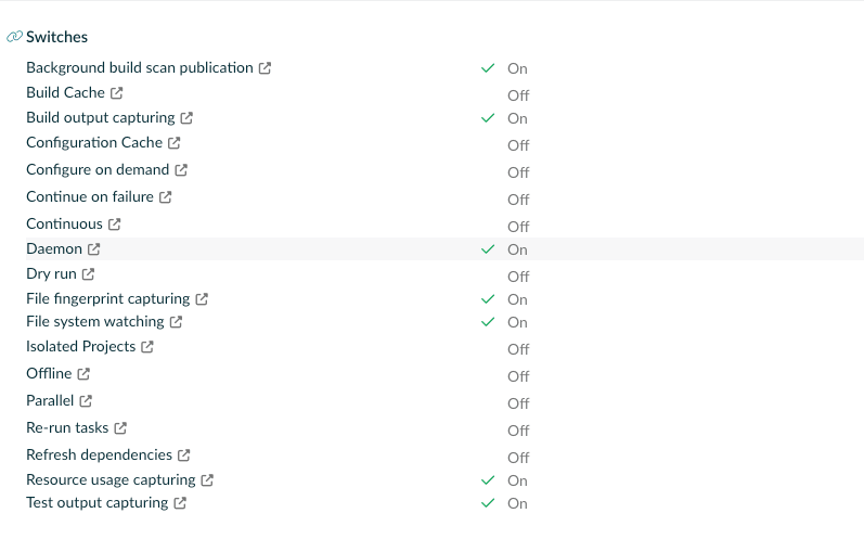 The Build Scan switches summary section now clearly highlights enabled switches.