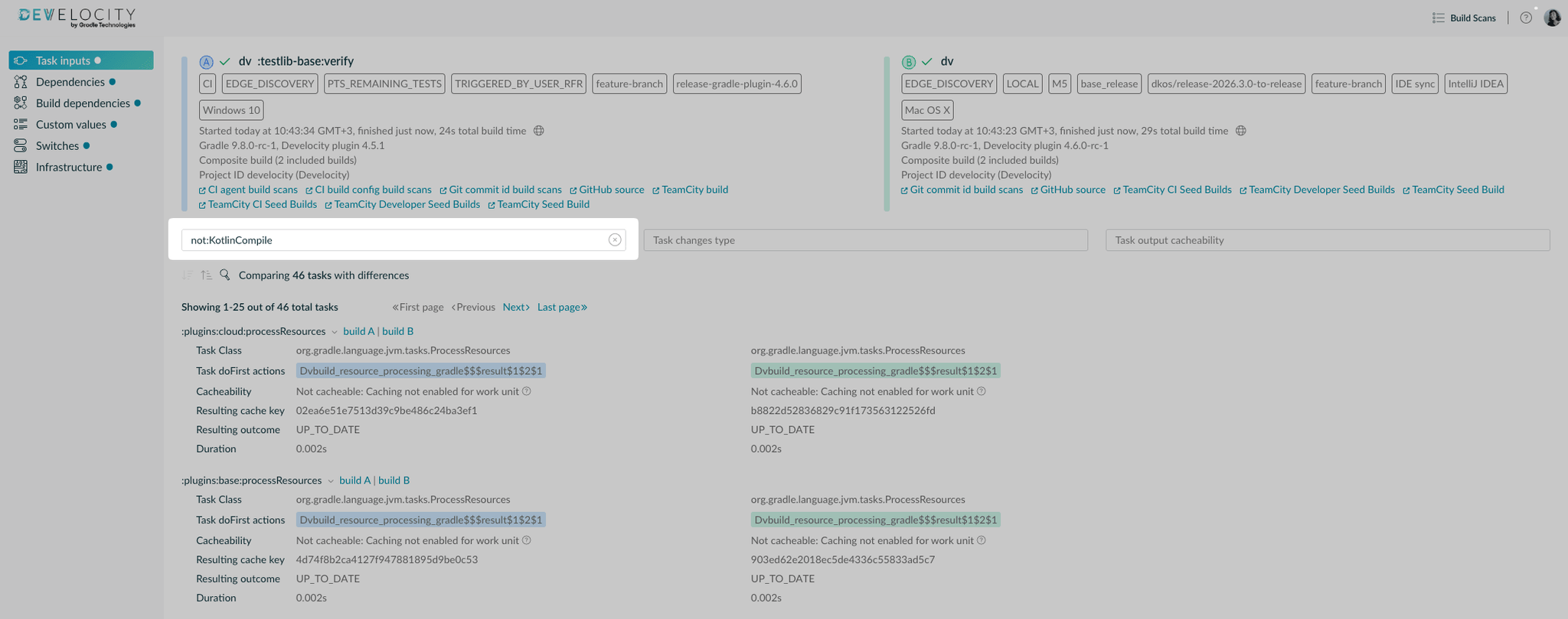 Negative prefix filtering in the task inputs comparison view