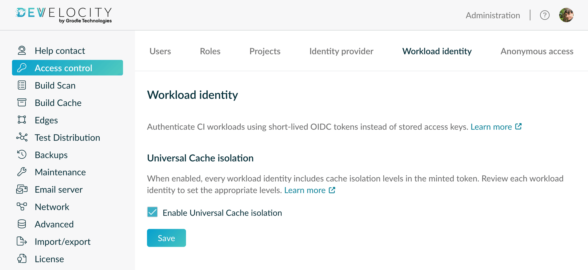 Enabling Universal Cache isolation and mapping a trusted GitHub Actions workload identity directly to a Develocity role.