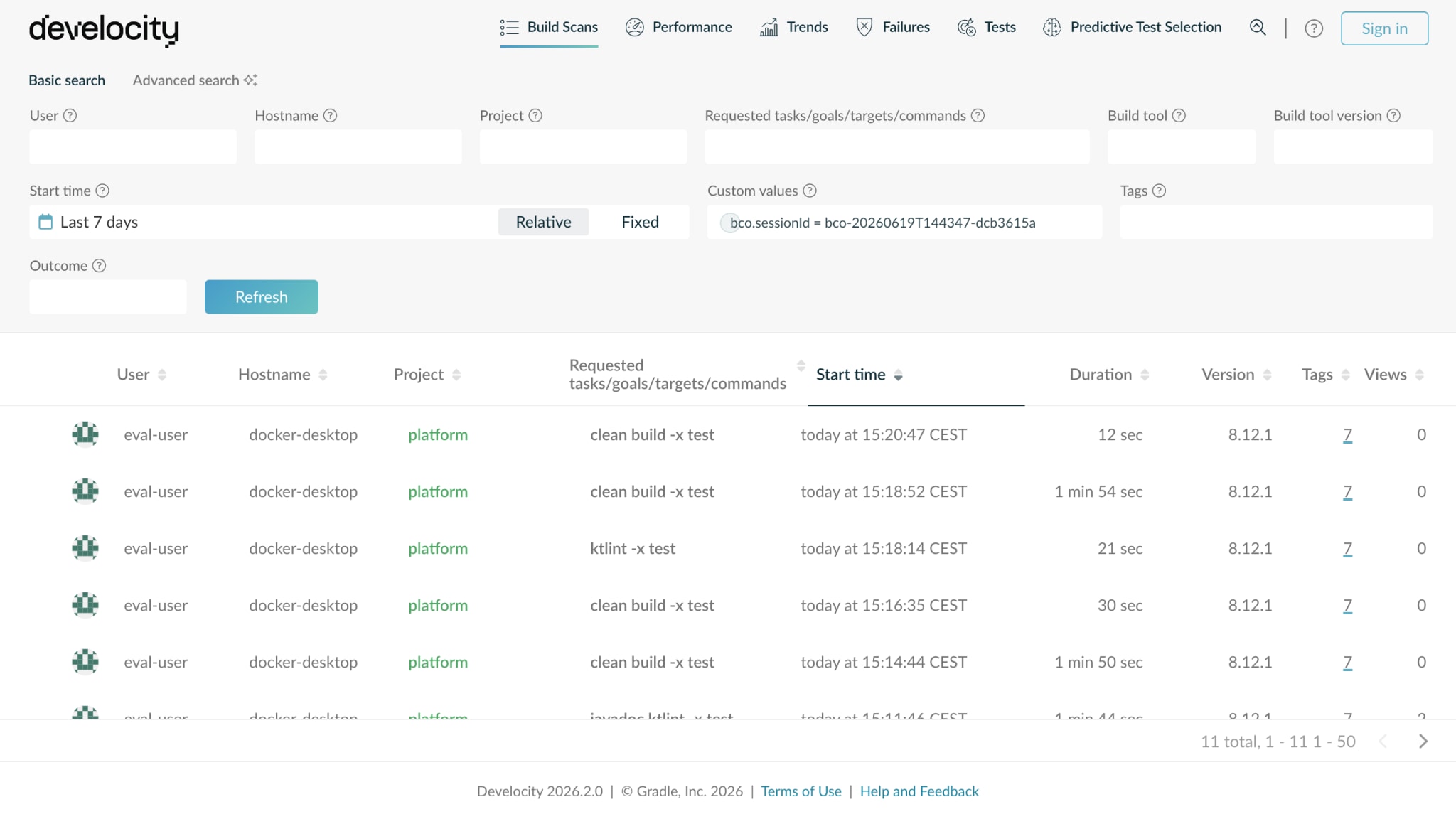 A Develocity Build Scans list filtered by bco.sessionId, showing every build one Build Caching Optimizer run produced, each attributed to the agent.