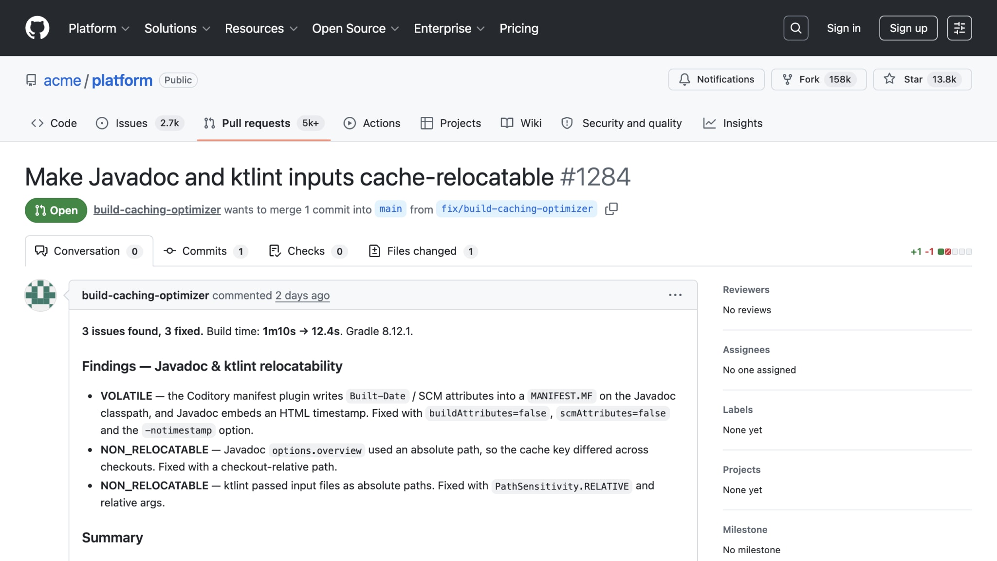The Build Caching Optimizer's fix opened as a GitHub pull request for human review before merge.
