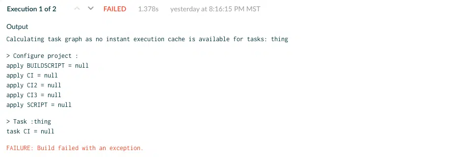 Failed test execution output