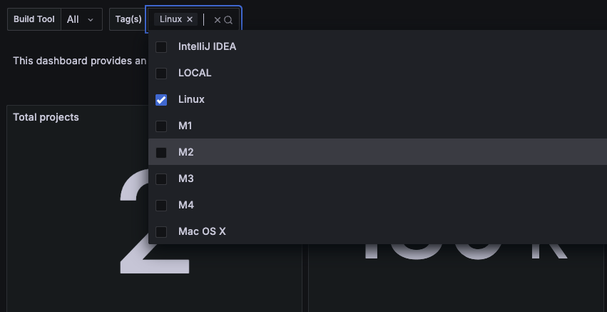 The displayed data can now be restricted to only builds with specific tags. Multiple selected tags are combined with ‘and’ semantics