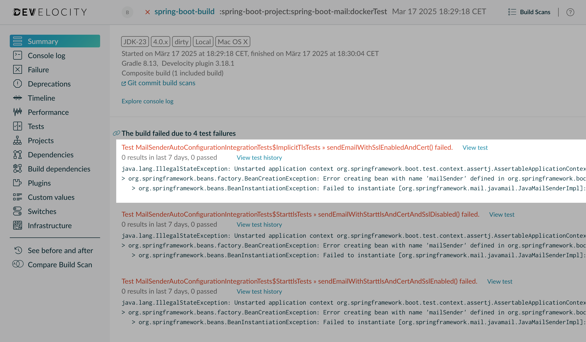 Build failure summary with multiple test failures for a Gradle build
